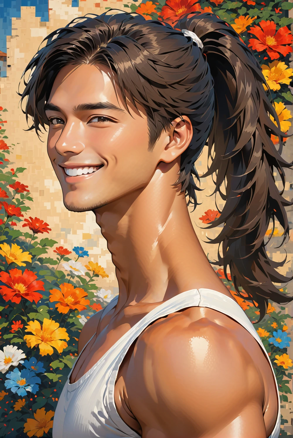 impasto, masterpiece, high resolution, Top quality, unique , 1 male, 29-year-old male , nice , tanned skin , dark haired, man's ponytail , sly smile