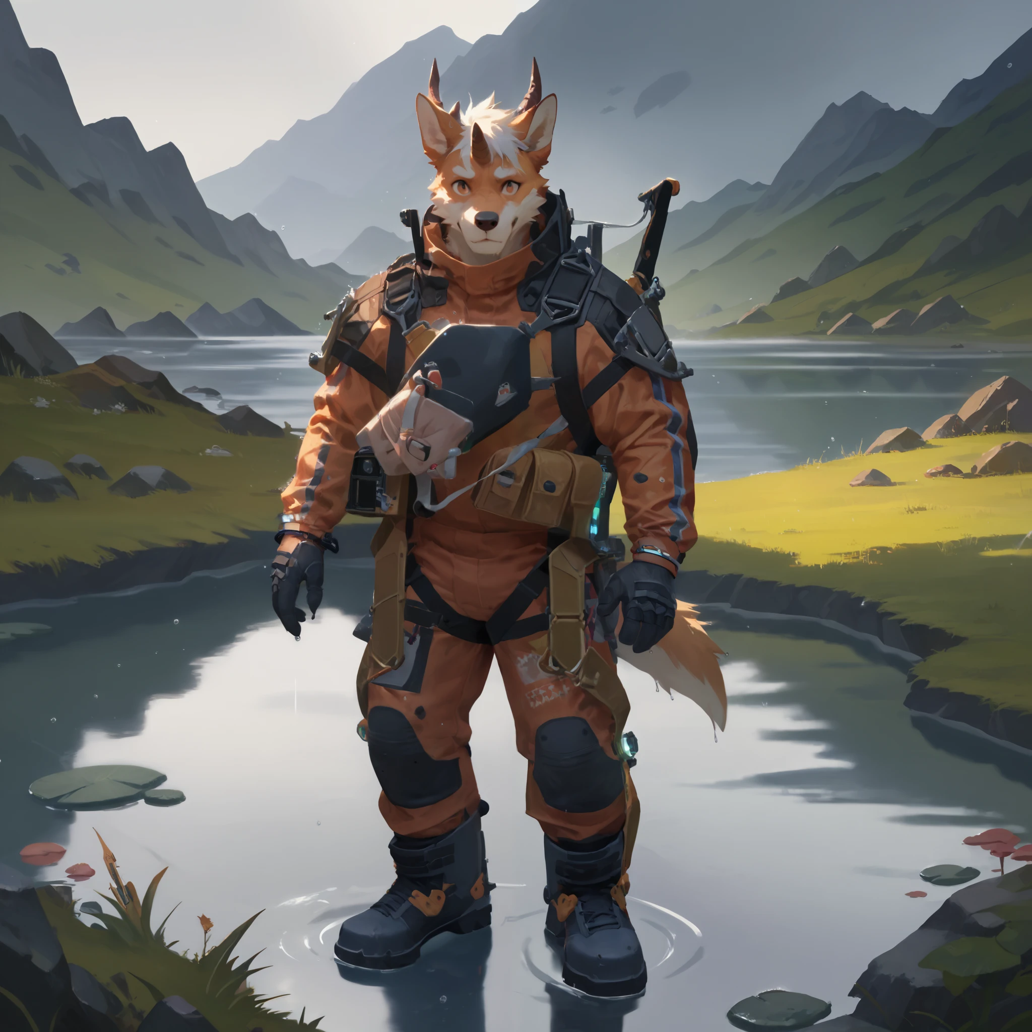 score_9_up,score_8_up,score_7_up,score_6_up,score_5_up,score_4_up,zPDXL,
dragon,standing,
bridgesuit,triangle,raining,water drop,reflection,grass,mountain,
hung,furry,white hair,white fur,dog ears,orange hair,single horn,streaked hair,brown fur,orange eyes,ponytail,