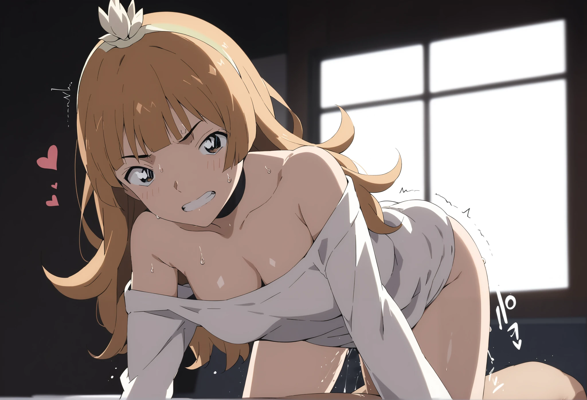 score_9, score_8_up, score_7_up, score_6_up, Light Outlin,looking at viewer, suzuki sonoko,hairband,short hair,brown hair,short brown hair, headband , ,  , NSFW:1.8,kissing , sweat, dashed eyes, (thigh focus), dashed eyes, spread legs, looking at viewer, (armpit focus), 斜め, black vest,white tank top under the vest, portrait, raise one leg, perspired, ass focus/hip focus, sex, standing, crossed legs.