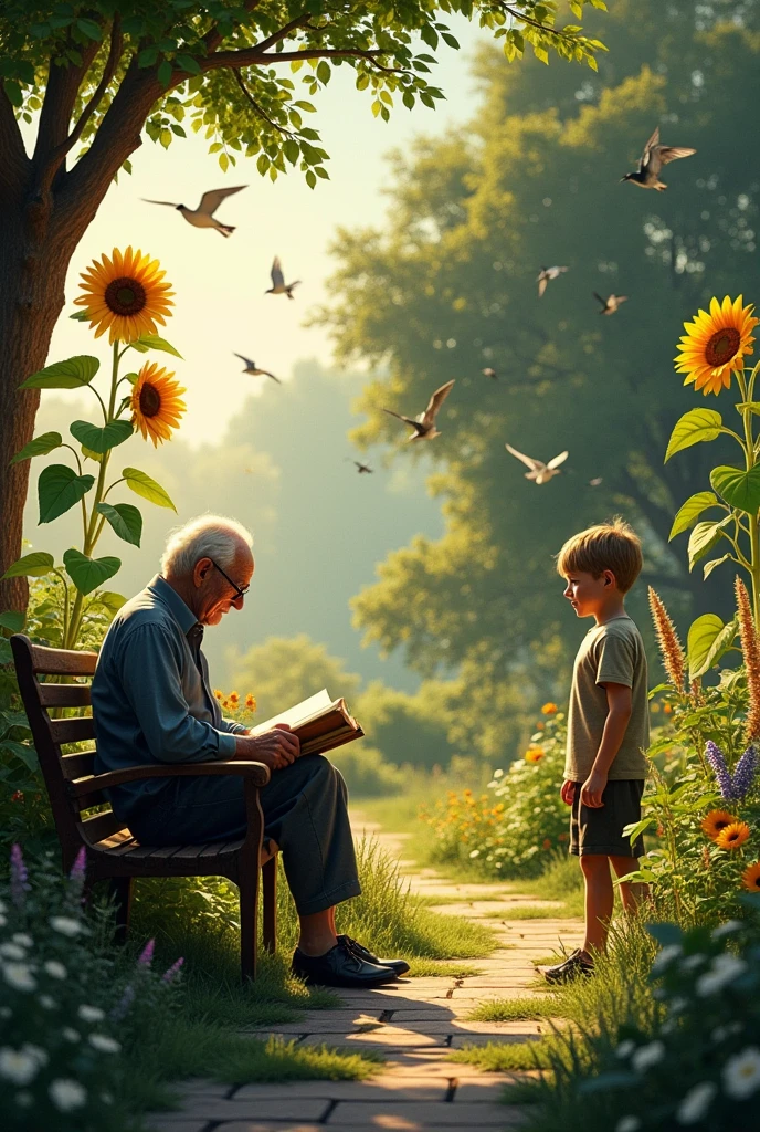 A small child playing with birds in the courtyard, and his grandfather watching him, designed with oil paints
