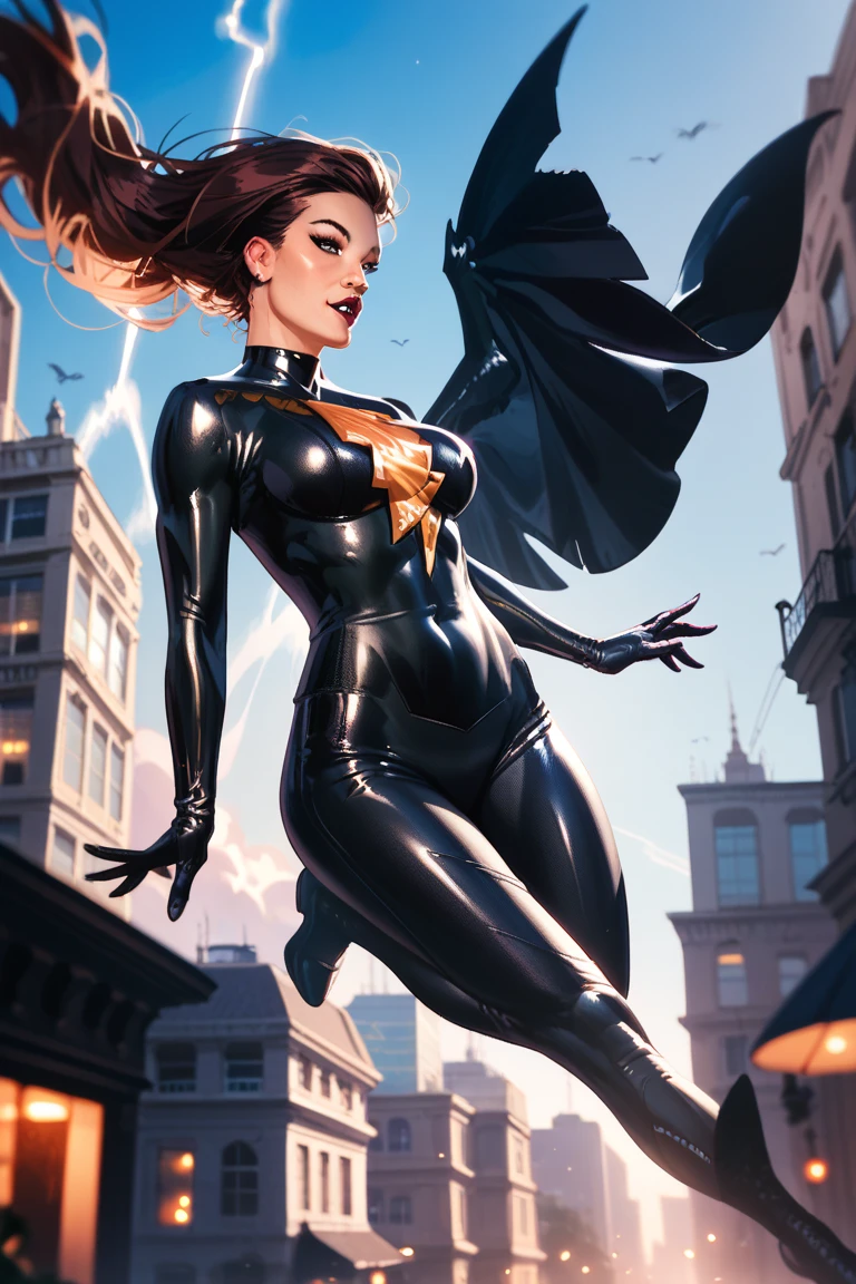 Sexy mary marvel,flying in the night above the city,tight black suit