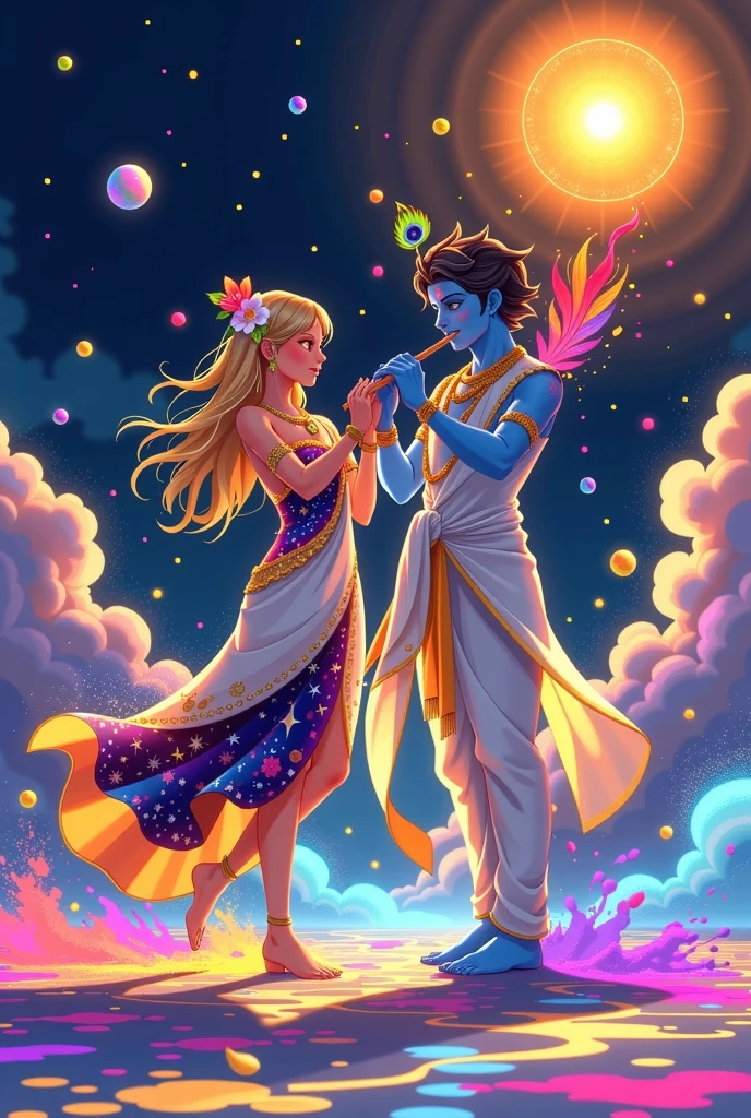 An anime-inspired depiction of Radha and Krishna celebrating Holi in a surreal, otherworldly setting blending divine and fantastical elements. Radha, with luminous golden-white skin, wears an asymmetrical flowing dress resembling a night sky with cosmic patterns, splattered with vivid Holi colors. Her hair is adorned with glowing, otherworldly flowers, and she stands barefoot on a glowing, water-like surface that ripples with every step, reflecting the explosion of colors around her. Krishna, with radiant blue skin and a neon-like glowing peacock feather in his hair, is dressed in a modern, futuristic white robe trimmed with gold, splattered with multicolor Holi powders that shimmer and shift. He holds a flute that emits vibrant streams of visible energy, coloring the air around him, and his bare feet leave trails of light on the rippling surface. The setting is an ethereal realm where Holi powders explode into luminous, cascading clouds, forming a riot of colors. Divine beings in celestial, modernized attire—featuring silken fabrics, metallic hues, and flowing designs—dance and play, throwing powders that leave glowing trails in the air. A radiant sun-like orb floats above, casting refracted light through the powder clouds, creating a dreamlike kaleidoscope effect, embodying transcendental love and playfulness.