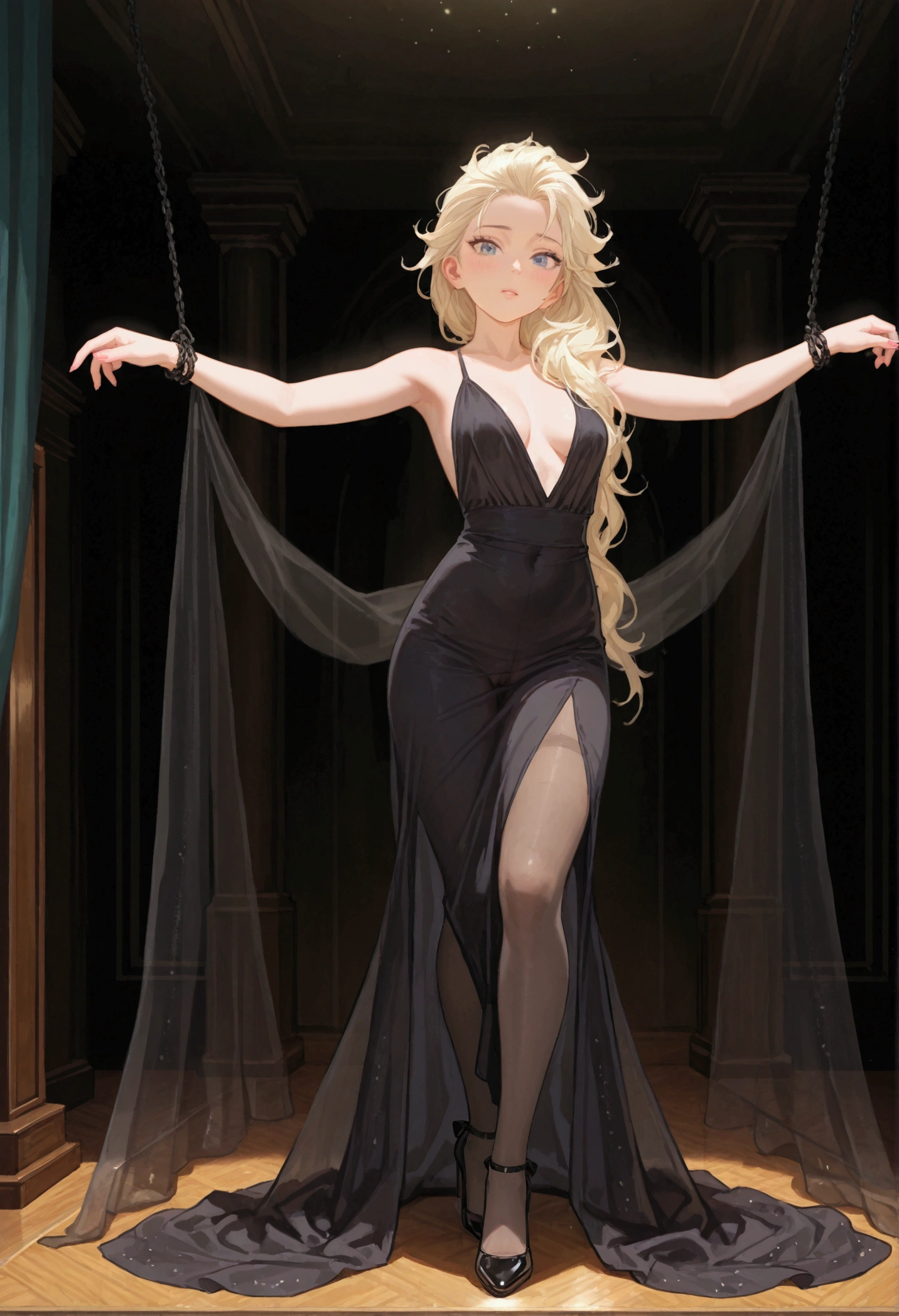 realistic Elsa from frosen, Elsa, full body image from multiple position, long sexy transparent black dress, show her naked pussy, her arms tied behind her:1.5, she got a shy sad expression:1.5, she bites her lips, high heels black shoes, semi-transparent long dress:1.5, she look at the viewer, dark shiny pantyhose
