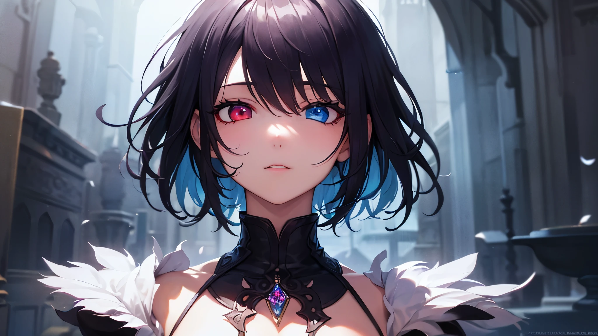 Anime girl with blue eyes and black hair in a dark room - SeaArt AI
