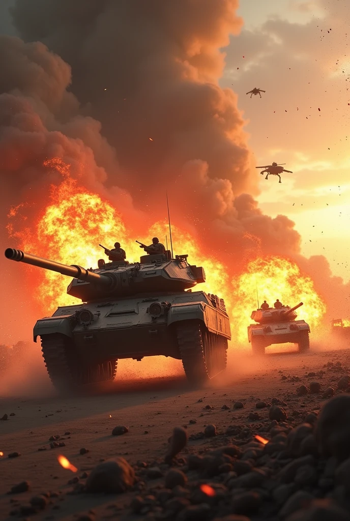 a large battle tank in the street of a ruined city, ruined buildings, smoke and flame, burning cars,