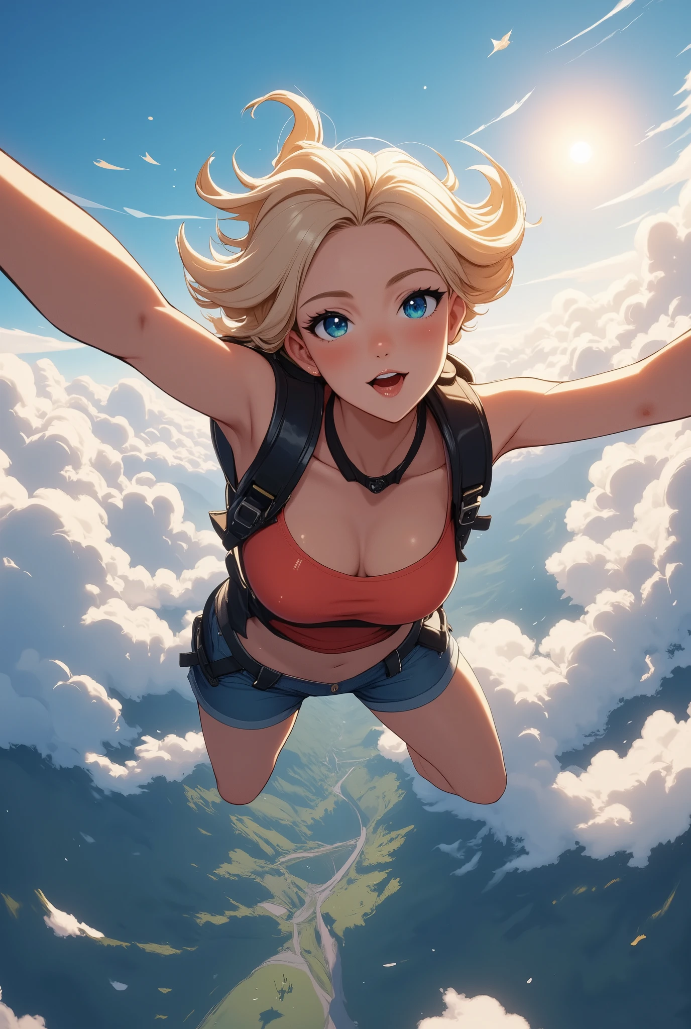 A woman enjoying skydiving,a woman falling in the sky,adrenaline rush,parachute,aerial view,cloudy sky,sunlight,wind effects,motion blur,realistic,photorealistic,photo-realistic:1.37,4k,8k,highres,masterpiece:1.2,ultra-detailed,vivid colors,dynamic composition,dramatic lighting,cinematic