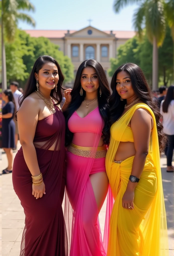 3 college girls, posing for farewell, left one wearing maroon colour transparent saree, she is curvy and thick, she is showing her navel in saree, she is wearing waist chain, earrings, noserings. She has silky hair, nice appearance. Centre girl is in pink transparent saree, she is tall, fit, curvy hips. She has navel visible in saree, she is makeup, she is wearing black leather watch, she is touching her hair. Right one is in yellow transparent saree and wearing sleeveless blouse, she has deep navel  uncovered by saree and wearing navel chain around her waist, she has silky hair, curvy body, nice look, excellent makeup. Its a bright sunny day. They are standing infront of garden in their college. There are lots of girls standing there. 8k image, 70mm photo, intricate details. 