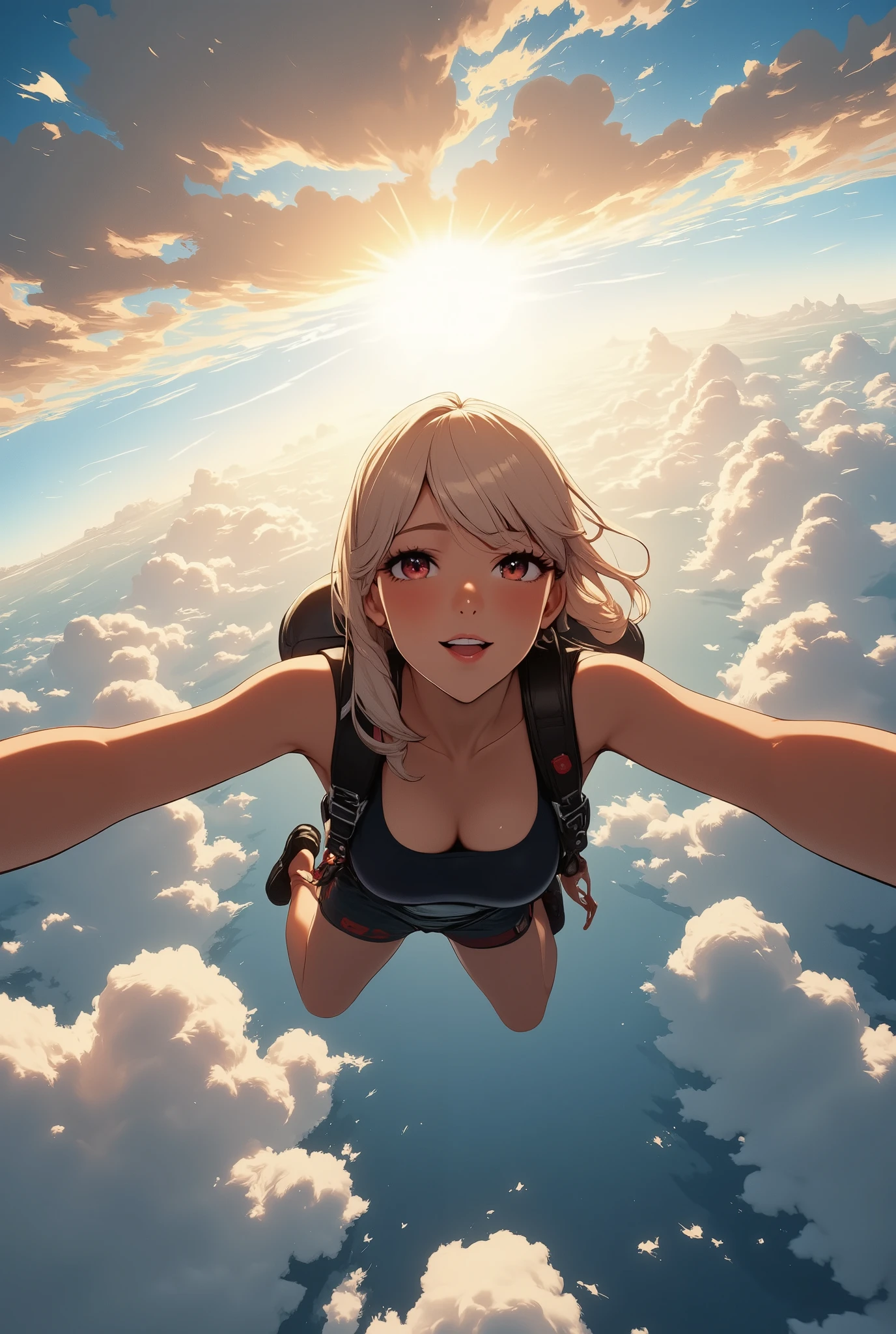 A woman enjoying skydiving,a woman falling in the sky,adrenaline rush,parachute,aerial view,cloudy sky,sunlight,wind effects,motion blur,realistic,photorealistic,photo-realistic:1.37,4k,8k,highres,masterpiece:1.2,ultra-detailed,vivid colors,dynamic composition,dramatic lighting,cinematic