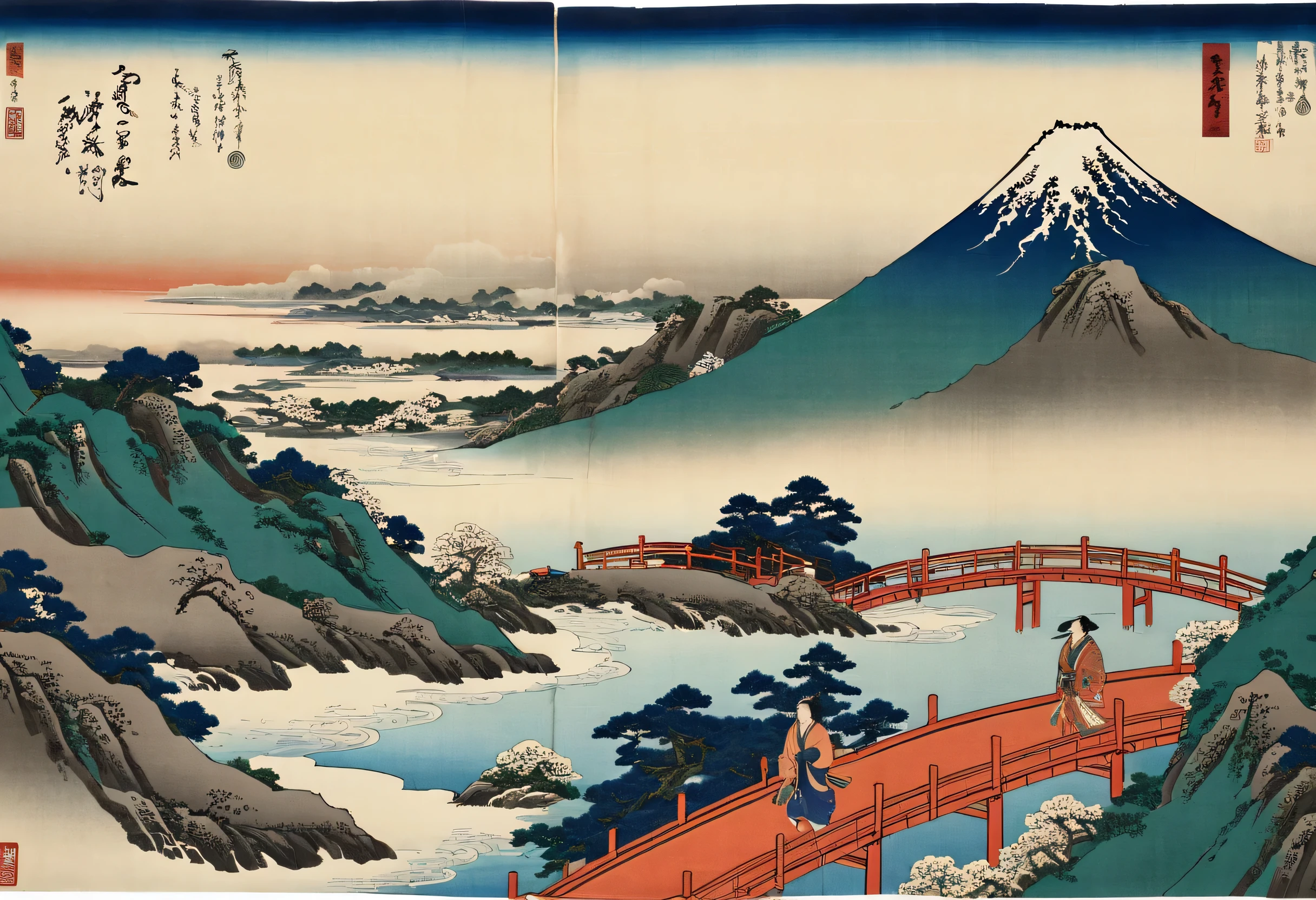 There are many people crossing the bridge in the mountains, Hokusai , シャッターストック, Ukiyo-e,  Katsushika Hokusai , katsushika Hokusai style ,  Scenery of Japan from the Edo period  , click - e , Hokusai, ,  Ukisei, Hokusai style 