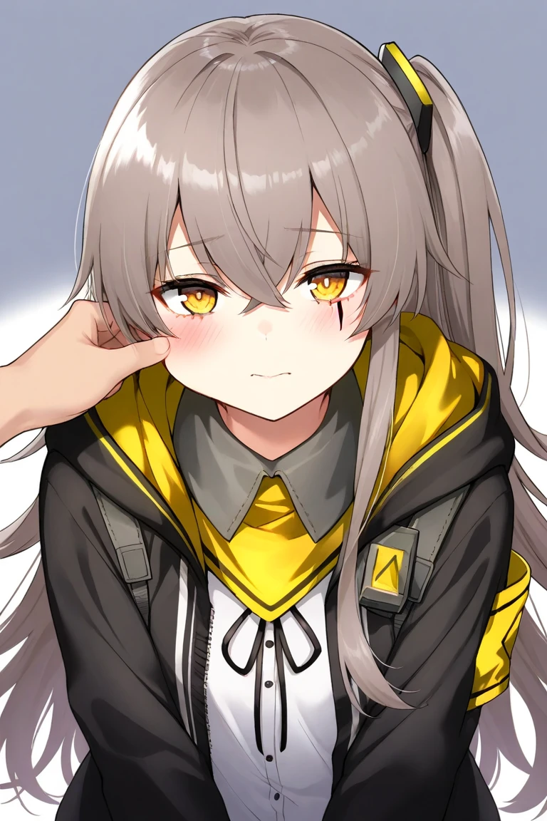 ((((Half forehead))))Solo A girl with gray hair in twin tails with only the ends curled, the amount of hair is small, Mature,Yellow EYE. She is thin and lightly dressed, wearing yellow and white outfits. She has her navel exposed and is wearing a cross choker and earrings. (((Tanned skin))), sweaty, active shy expression. 1boy, hug.