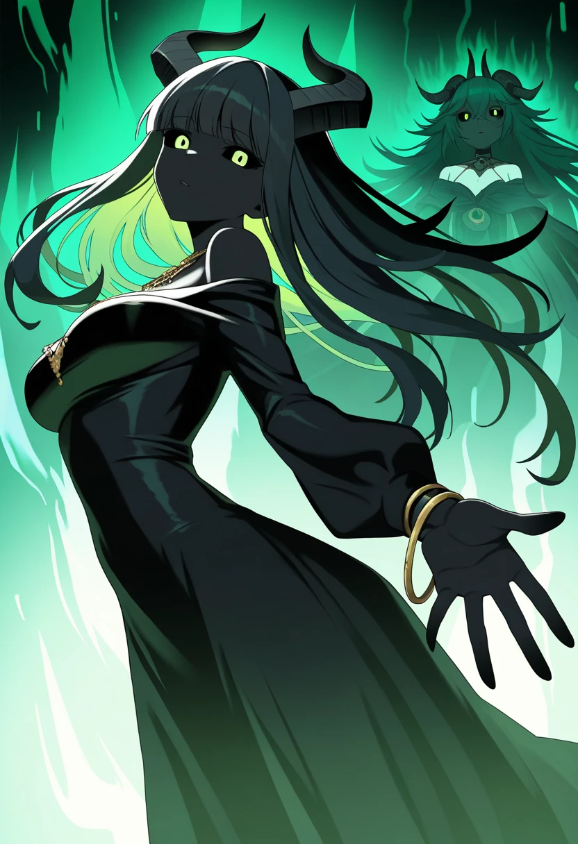 masterpiece, best quality, 2girls, multiple girls,
demon, caprine horn, black skin, black dress, jewelry, off shoulder, bangs, long hair, black sclera, reaching towards viewer, parted lips,
abstract background, green theme, evil background, aesthetic background, dynamic, vibrant background, aura, zoom layer, wide shot,