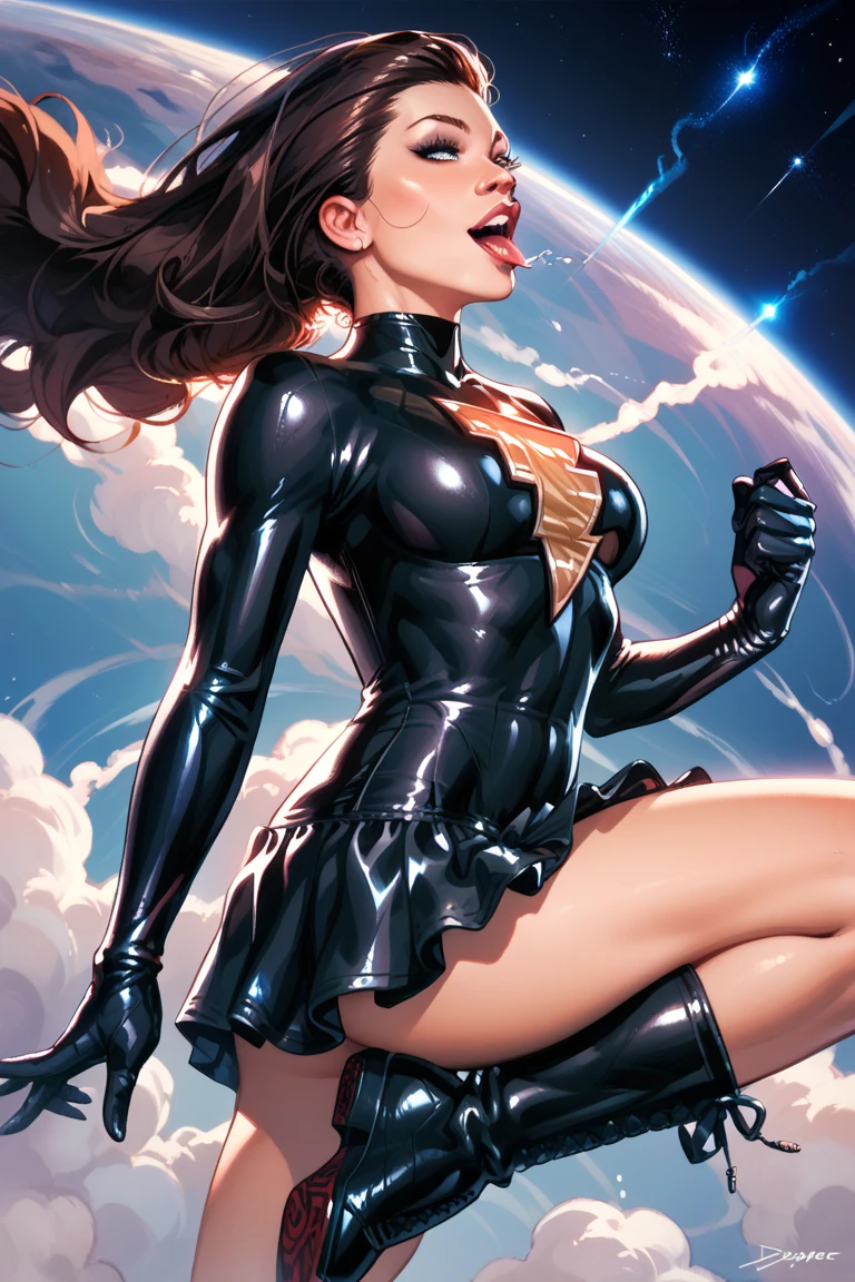 Sexy mary marvel,flying in space,tight black suit,detailled face,detailled abs,longue gloves,high boots,mini-skirt