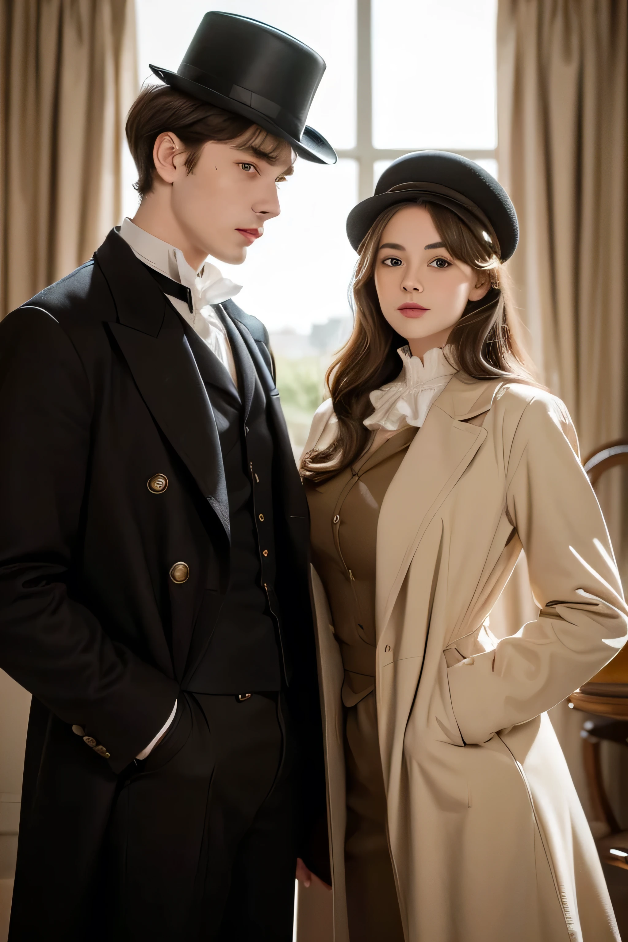 a pair of private detectives (a young man and a young woman) from victorian london. the woman has brown hair and the man has blonde hair