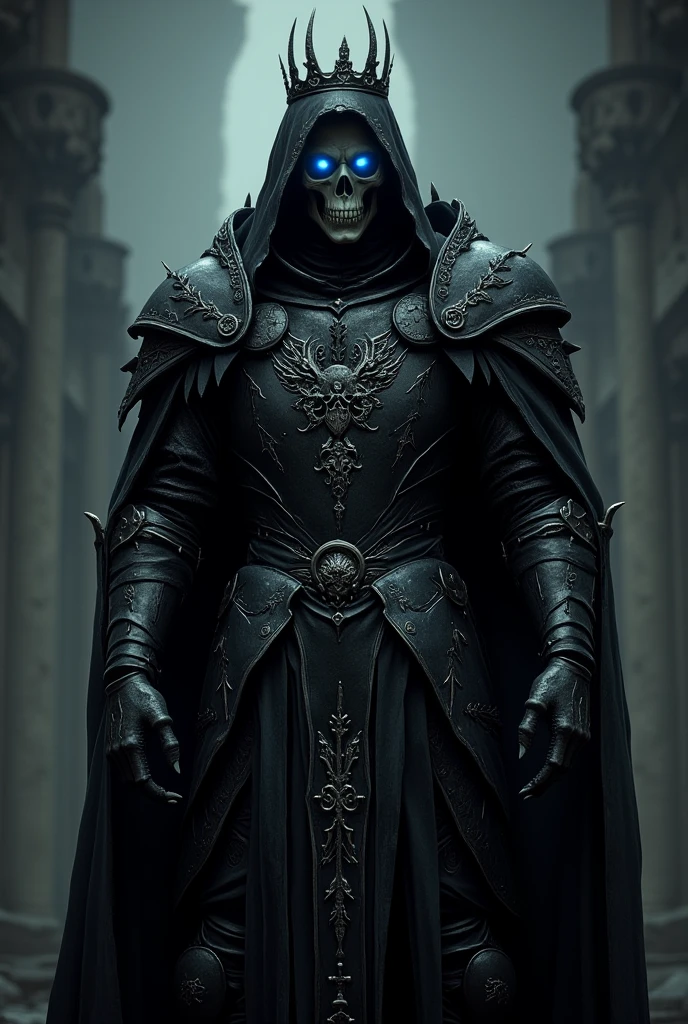 a gothic knight in black armor, mask in the form of a skull, on the head is a hood with a black crown and glowing blue eyes, dark burgundy cape, intricate gothic details, dramatic lighting, moody atmosphere, cinematic composition, highly detailed, dark fantasy, photorealistic, 8k, (best quality,4k,8k,highres,masterpiece:1.2),ultra-detailed,(realistic,photorealistic,photo-realistic:1.37)