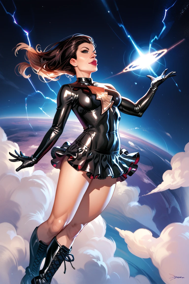 Sexy mary marvel,flying in space,tight black suit,detailled face,detailled abs,longue gloves,high boots,mini-skirt,closed mouth