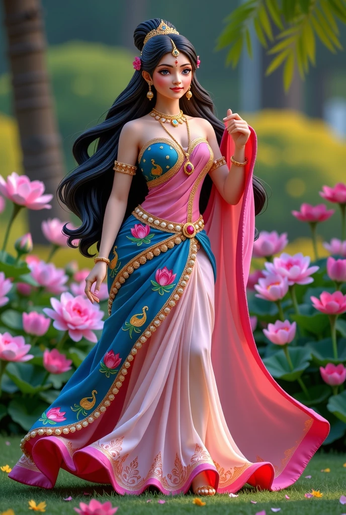 A stunning modern full body pose of Radha, the divine consort of Krishna, radiating grace, charm, and an otherworldly aura. Radha is portrayed with a golden-white complexion that glows softly, as if illuminated from within by the essence of divinity. Her delicate face is framed by long, flowing dark hair that cascades like a silken river, adorned with fragrant jasmine and lotus flowers intricately woven into her tresses. Her almond-shaped eyes are large and expressive, reflecting both the depth of her love and the playfulness of her spirit, with long lashes and a gentle hint of kohl accentuating their beauty. Her lips, a soft rose hue, form a serene smile, imbued with kindness and celestial allure.  

Radha wears a majestic modern transparent dress, its primary color a deep, rich blue symbolizing tranquility, with shimmering gold embroidery in patterns of lotus flowers and peacocks adorning the fabric. The secondary color is a soft, delicate pink, seen in the flowing sheer that drapes elegantly over her shoulders and flows behind her, giving her an ethereal appearance. The hem of her garments sparkles subtly with fine beadwork, adding to her divine presence.  Her jewelry is opulent yet refined, befitting her status as the queen of Vrindavan. A red long tilak is painted on her forehead. Her ears are adorned with intricate modern earrings that sway with every movement, while a sleek and minimal gold and pearl necklace rests on her collarbone, its centerpiece a radiant gem that seems to hold the essence of the cosmos. Her slender wrists are wrapped in golden bangles that chime softly as she moves, and delicate anklets with tiny bells encircle her feet, creating a melodious sound with each step.  Her posture is one of supreme grace and poise, as she stands in a serene garden of Vrindavan, surrounded by blooming flowers and lush greenery. Her bare feet, dusted lightly with golden shimmer, rest on the soft grass, radiating purity and divinity.