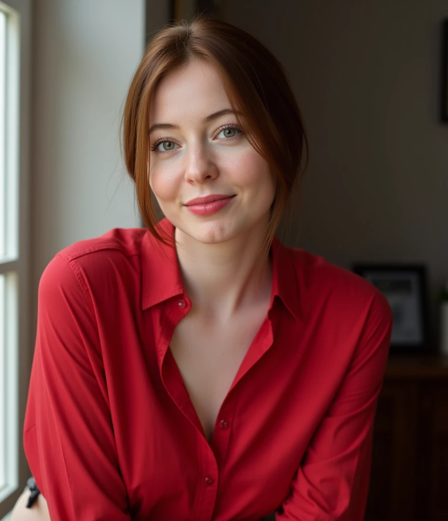  portrait of a woman m0n4el1s4 , posing in the house , glass window,  Serene and warm ,  natural light ,  soft focus ,  High definition ,  elegant and thoughtful atmosphere, quiet refinement , in a red shirt,  all buttons unbuttoned easy smile, makeup,  green eyes , red lips

