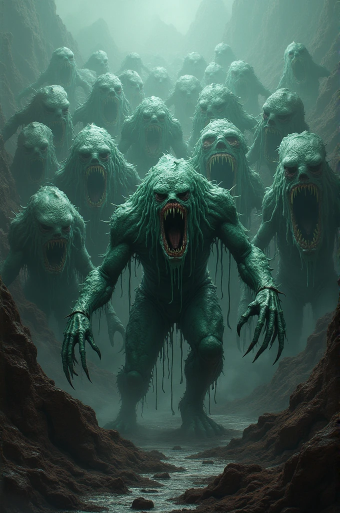 Swamp monsters with hands over eyes dazzled by intense blue light