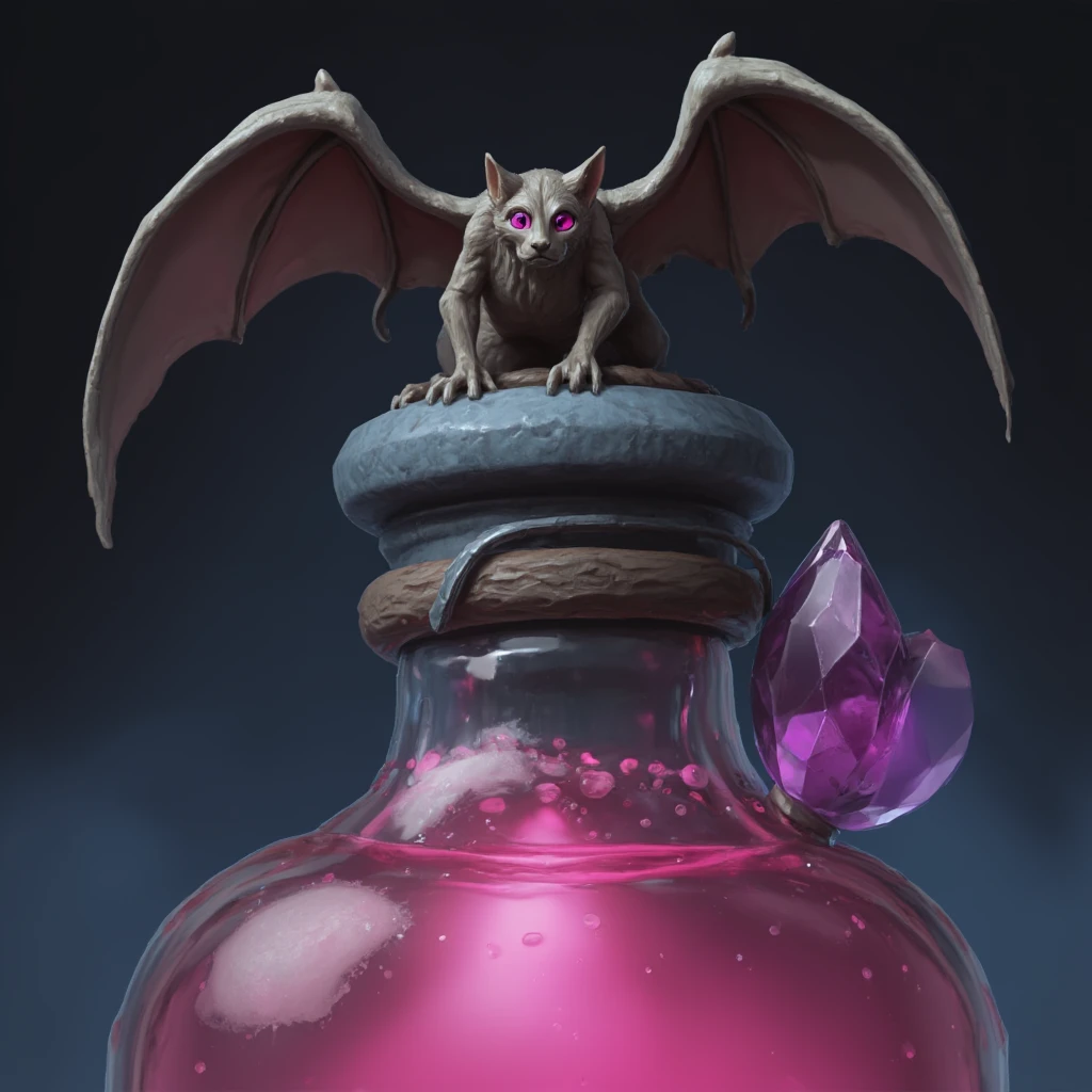 glass bottle with pink potion, ((pink potion)), oval long bottle, 
((long bottle)), on top is a blue-gray stone stopper with a figurine
of a stone bat with pink eyes, the bat figurine spread its wings,
the stopper and the bat are made of blue-gray stone,
pink liquid with bubbles that rise up, a large purple crystal
hangs on the bottle on brown leather straps, a bottle made of
transparent glass, art, 2D art, digital art, game art, backlight,
good quality, bright colors, oil painting