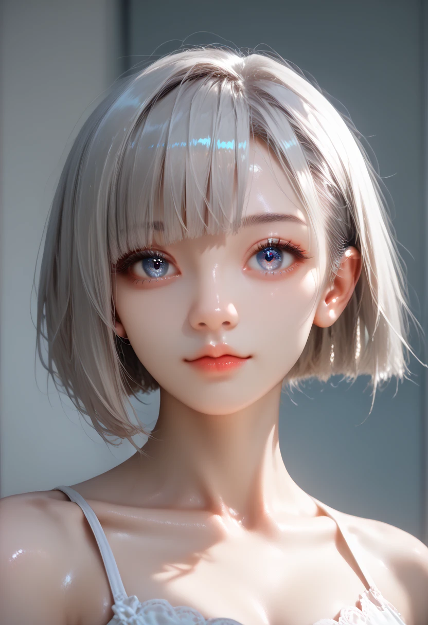 (RAW Photos, Highest quality, masterpiece: 1.2), (Realistic: 1.4), Best lighting, 20-year-old, (Light grey hair, Short Bob Cut, Divide your hair into 3/7ths, hair above one ear, Symmetrical eyes, alone, Detailed skin :1.2),