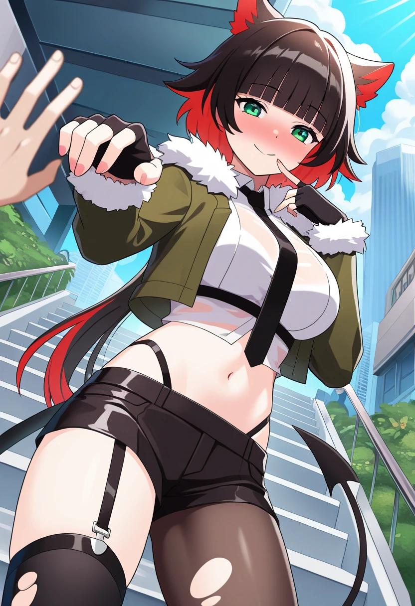 masterpiece, best quality, 1girl, j4ne d0e, tail, two-tone hair, black hair, long hair, low ponytail, red hair, blunt bangs, animal ears, green eyes, large breasts,
torn clothes, fur trim jacket, see-through shirt, midriff, green jacket, fur-trimmed jacket, cropped jacket, necktie, long sleeves, fur-trimmed sleeves, black gloves, fingerless gloves, black shorts, highleg shorts, black pantyhose, single leg pantyhose, torn pantyhose, black thighhighs, single thighhigh, torn thighhighs, garter straps, red nails,
looking at viewer, standing, c:, short smile, seductive, nose blush, standing, offering hand, finger to mouth,
outdoors, summer, stairs, city, hand pov, 1boy, disembodied hand, hand holding, flora, vegetation, blue sky, clouds, sunbeam,
