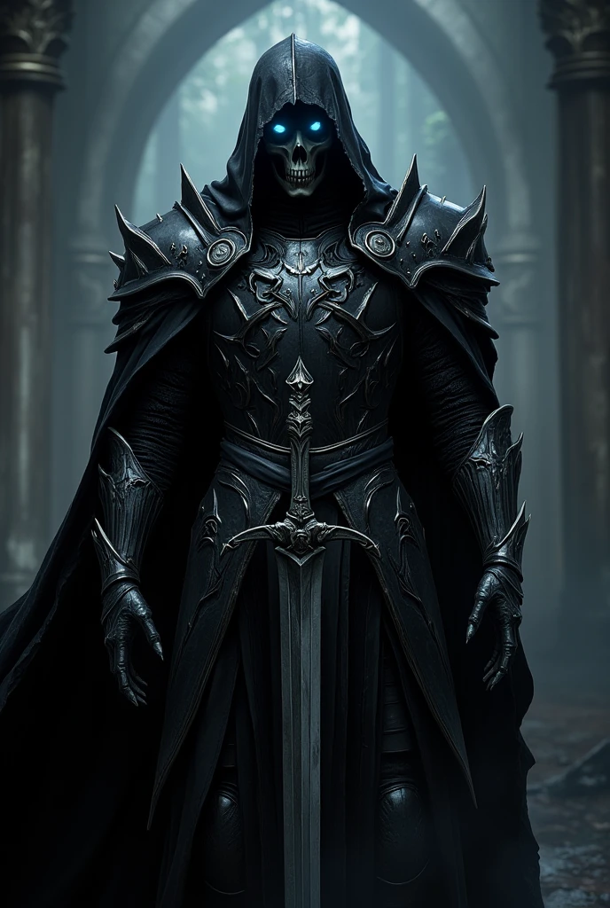 a gothic knight in black armor, mask in the form of a skull, on the head is a hood with a black crown and glowing blue eyes, dark burgundy cape, intricate gothic details, dramatic lighting, moody atmosphere, cinematic composition, highly detailed, dark fantasy, photorealistic, 8k, (best quality,4k,8k,highres,masterpiece:1.2),ultra-detailed,(realistic,photorealistic,photo-realistic:1.37)