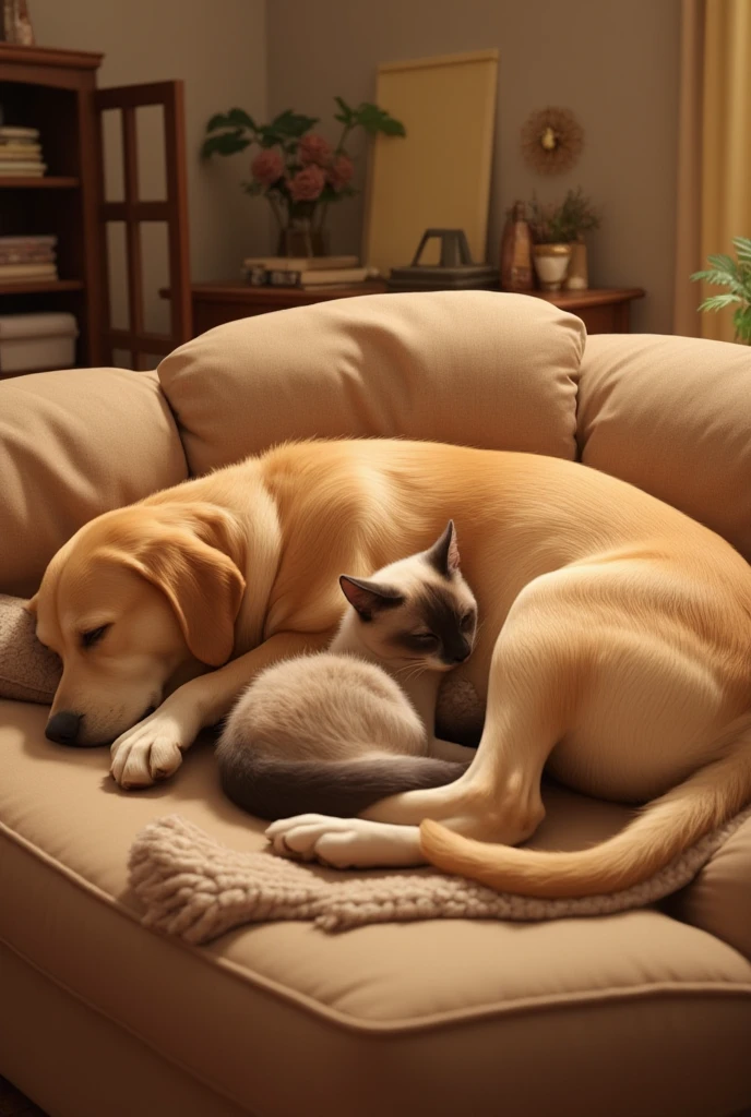 (A large golden retriever is sleeping in the living room 　 clings to the golden retriever's arms and a small Siamese cat is also sleeping),