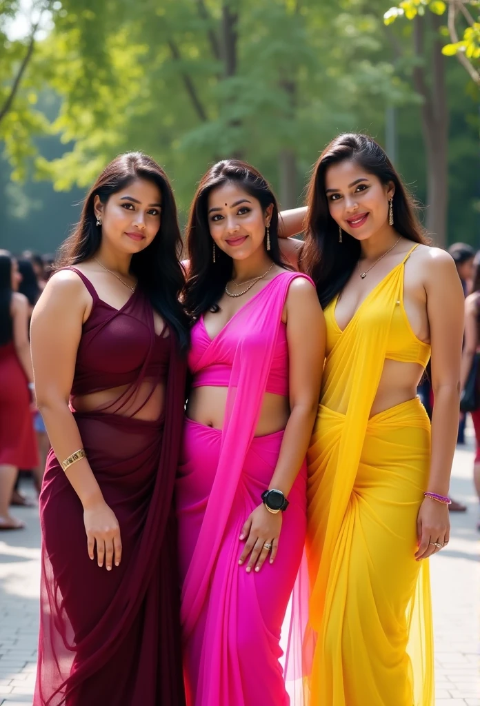 3 college girls, posing for farewell, left one wearing dark wine colour transparent saree,she wears navel chain in her waists, she is curvy, she is showing her navel in saree, she is wearing waist chain, earrings, noserings. She has silky hair, nice appearance. Centre girl is in pink transparent saree, she is tall, fit, curvy hips. She has navel visible in saree, she is makeup, she is wearing black leather watch, she is touching her hair. Right one is in yellow transparent saree and wearing sleeveless blouse, she is facing camera, she has deep navel ,uncovered by saree and wearing navel chain around her waist, she has silky hair, curvy body, nice look, excellent makeup. Its a bright sunny day. They are standing infront of garden in their college. There are lots of girls standing there. 8k image, 70mm photo, intricate details. 