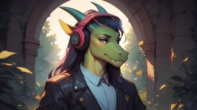 A green dragon ,  who has headphones on his head