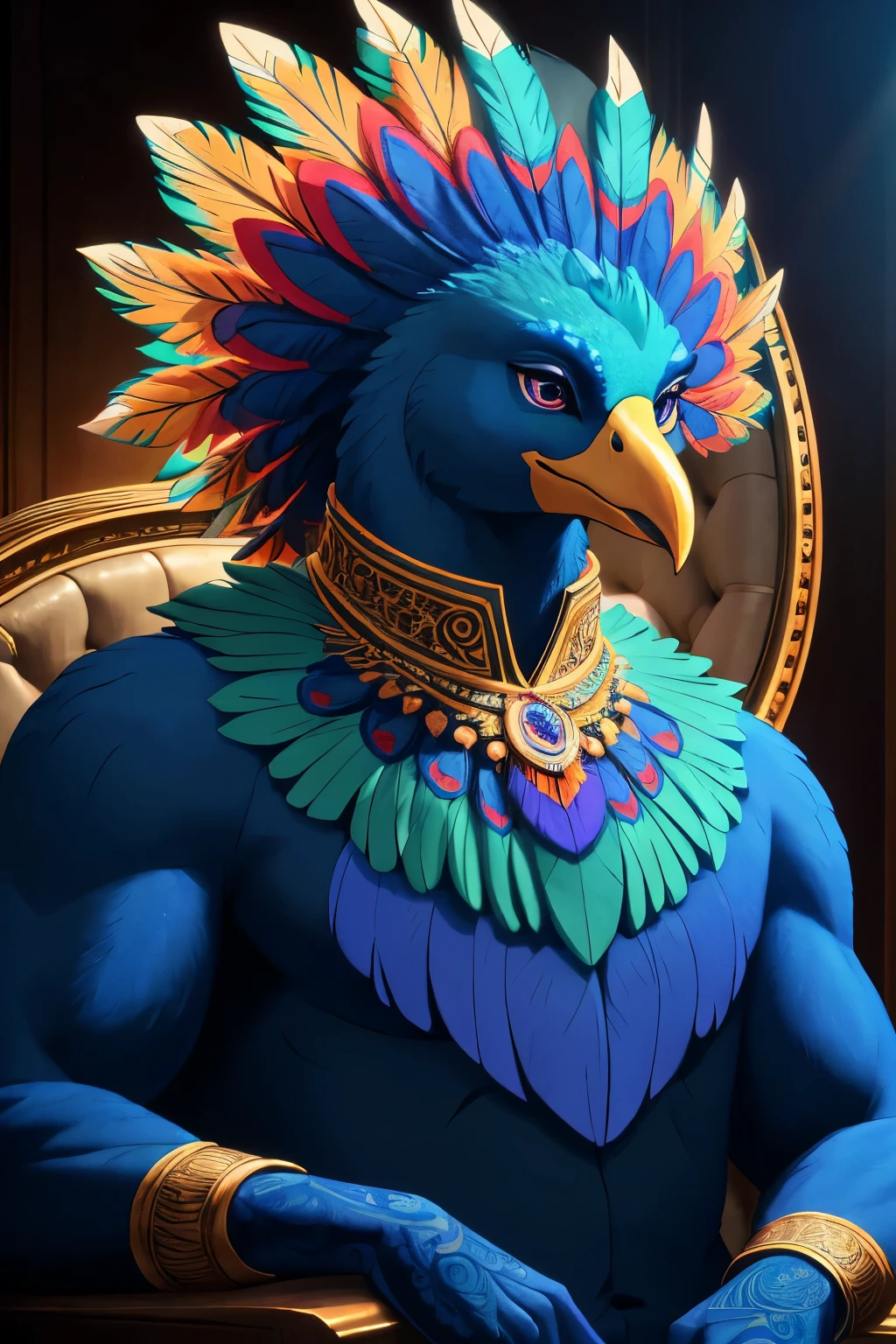 A humanoid peacock with muscular body, medium shot angle, detailed intricate feathers, beautiful detailed eyes, beautiful detailed beak, extremely detailed face, elegant posture, vibrant colors, photorealistic, 8k, best quality, ultra-detailed, masterpiece, cinematic lighting, dramatic colors, sharp focus, highly detailed, digital art