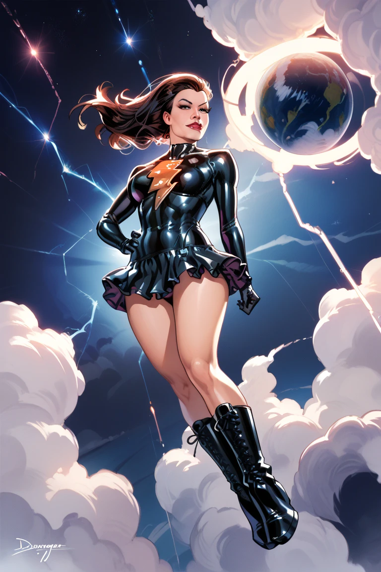 Sexy mary marvel,flying in space,tight black suit,detailled face,detailled abs,longue gloves,high boots,mini-skirt,closed mouth