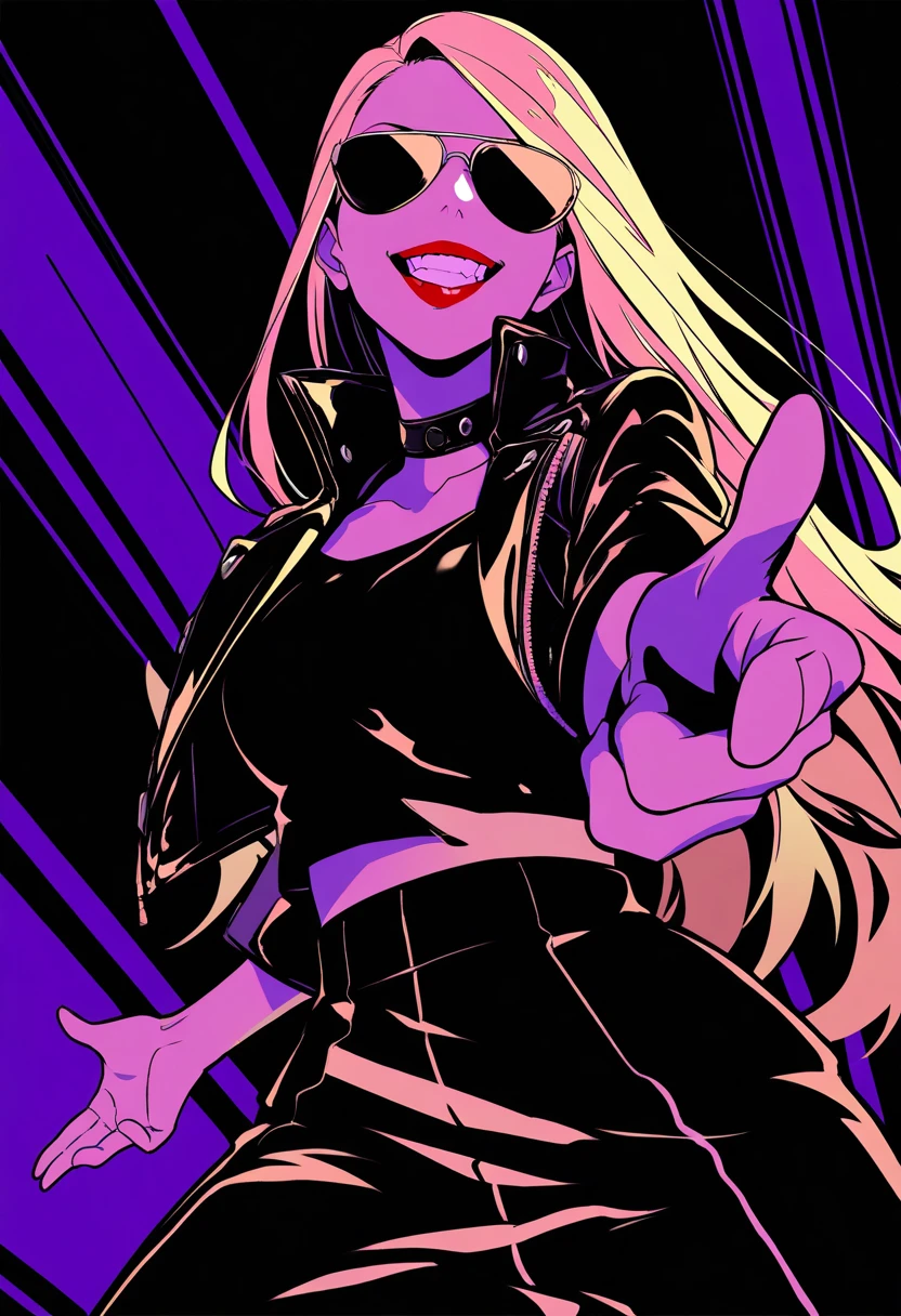 masterpiece, best quality, leather jacket,gold theme, dark theme,purple theme, limited color palette,lineart, dark (theme),smile,cowboy shot,teeth,puffy lips, red lipstick,finger gun,pointing at viewer,solo,1girl,dutch angle,
edgnadia, blonde, sunglasses, choker, long hair, breasts