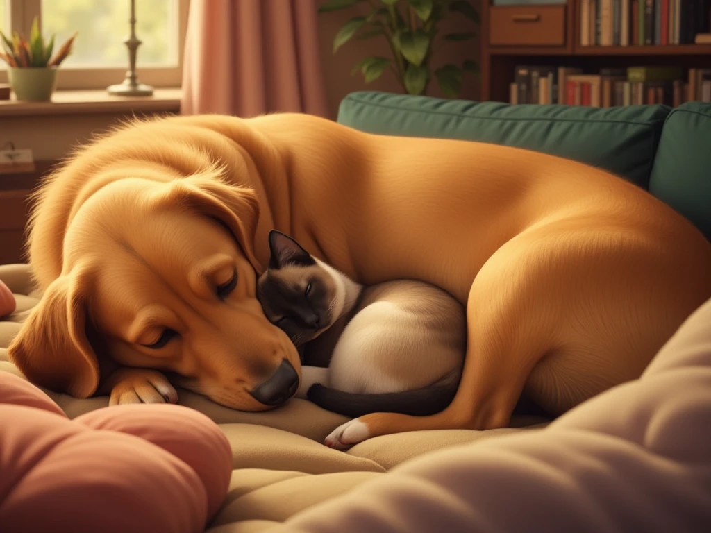 (A large golden retriever is sleeping in the living room 　 clings to the golden retriever's arms and a small Siamese cat is also sleeping),