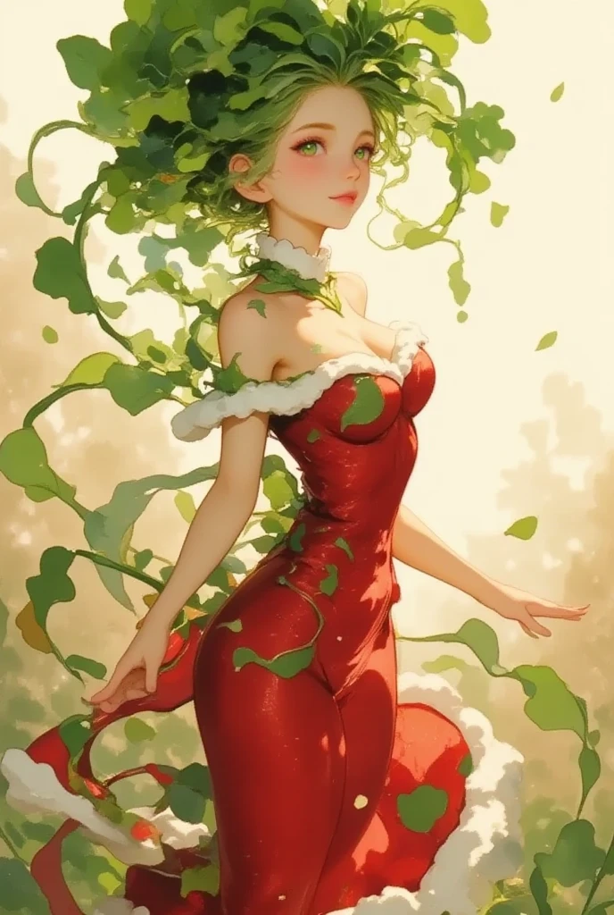 Create a Christmas Avatar, A slender daikon lady in Santa Claus costume, green leaves hair, seductive sexy smile