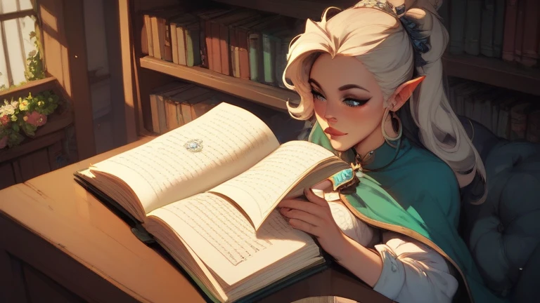 A green dragon woman reading a book by the fire