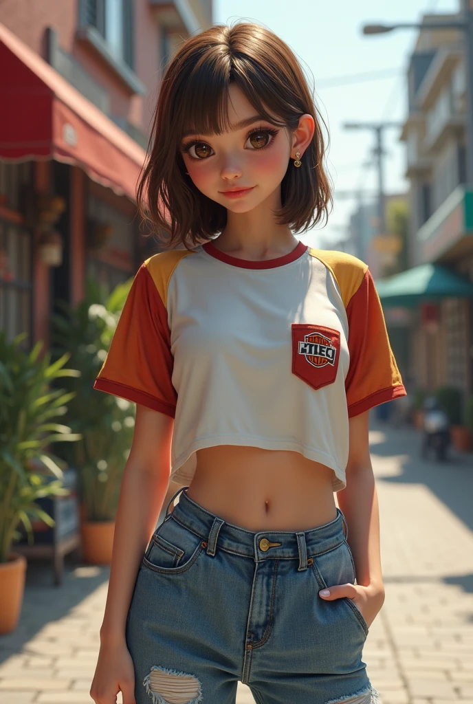 Teen girl 14 years old, beautiful teen boy is wearing a cropped shirt and too very much short mini shorts, the boy's legs are beautiful, tanned, bangs, flirty posing, hot summer, top quality,