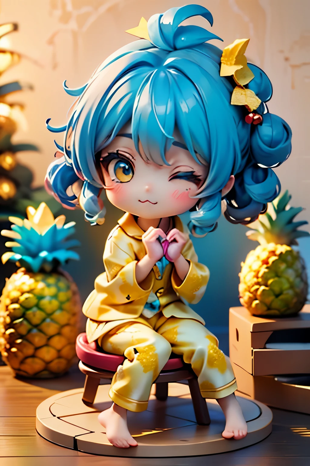 ( Masterpiece 、rpg, Fresh Pineapple:1.4)、(Anime Moe、Chibi Body、細い足、 light blue hair color, Short chignon hair、 curly hair 、Golden Eyes、:3,  :1.3)、( with a big Christmas tree in the background、Yellow pajamas、tights、barefoot:1.2)、(Delicately drawn fingers:1.2)、(Beautiful Interior 、Strong light and shadow、white pineapple round chair、Sit down、 sideways、Close your eyes、Sleepy eyes 、Heart Hands、whole body:1.3)