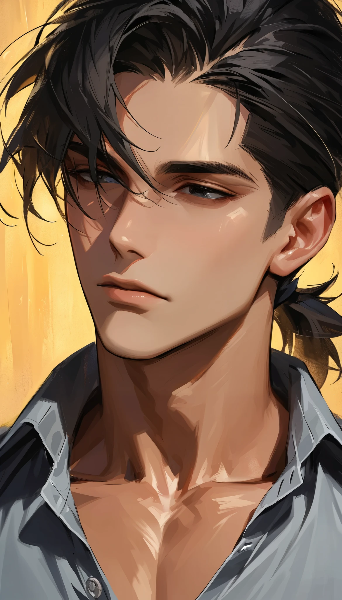 impasto, short hair, masterpiece, best quality, 1 man , black hair , perfect face , black eye , handsome male , Alone, adult male , upper body , delicate line drawingimpasto, masterpiece, high resolution, Top quality, unique , 1 male , nice , tanned skin , dark haired, man's ponytail