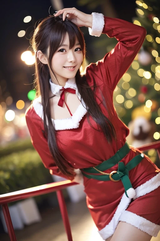 A Japanese model in a bright red Santa cosplay poses for a photo shoot、Bright red outfit、Santa Dress、 miniskirt,  looking at camera、Detailed and beautiful eyes、 cute smile、 soft and gentle expression 、 Christmas tree in the background 