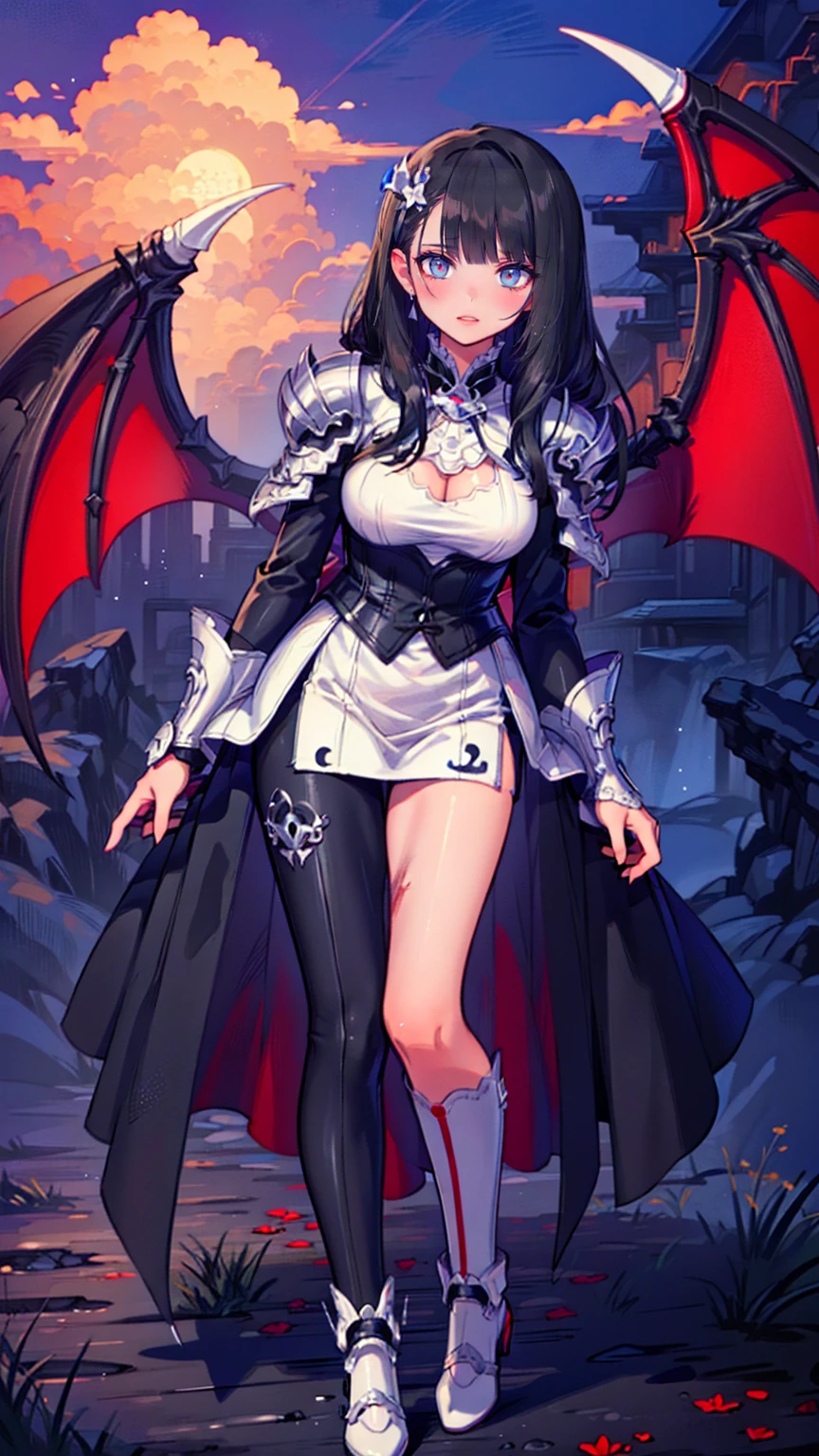 Arafed, dark  fantasy  art, Gothic art, (masterpiece:1.5), Full Body Vest Details ,   very detailed bustな,   top quality ,    high definition  ,  Full Body Portrait of a Vampire ,  (masterpiece:1.4,   top quality ), teeth, Ultra-feminine (   intricate detail  :1.4, masterpiece,   top quality )   sea-themed armor ,  dark haired,  red eyes ( fantasy  art:1.3, masterpiece,   top quality ), ((  beautiful and delicate face  )),  super detailed な顔 (   intricate detail  :1.4,  fantasy  art, masterpiece,   top quality ), [visible sharp vampiric teeth] (   intricate detail  ,  fantasy  art, masterpiece,   top quality ), [  anatomically accurate]   red cloak,   flowing cloak   (   intricate detail  ,  fantasy  art, masterpiece,   top quality ),  are wearing intricate leather costumes [white]   dress (   intricate detail  , Gothic art, masterpiece,   top quality ),   high heel boots  ,   Blood Drips on Lips  , urban background  (  intense details  , Beat Details  ),  fantasy , In the light of night, nature ,moonlight, soft moonlight, moonlight, cloud,   gothic atmosphere  ,    and  ,   Flying Bats in the Background  , Soft light,   dynamic light  , [[  anatomically accurate]],     high detail   ,   top quality , 8k, [ super detailed ], masterpiece,   top quality , (  very detailed bust),   dynamic angle  ,   super wide angle shot , Born,  realistic ,   zrpg style  