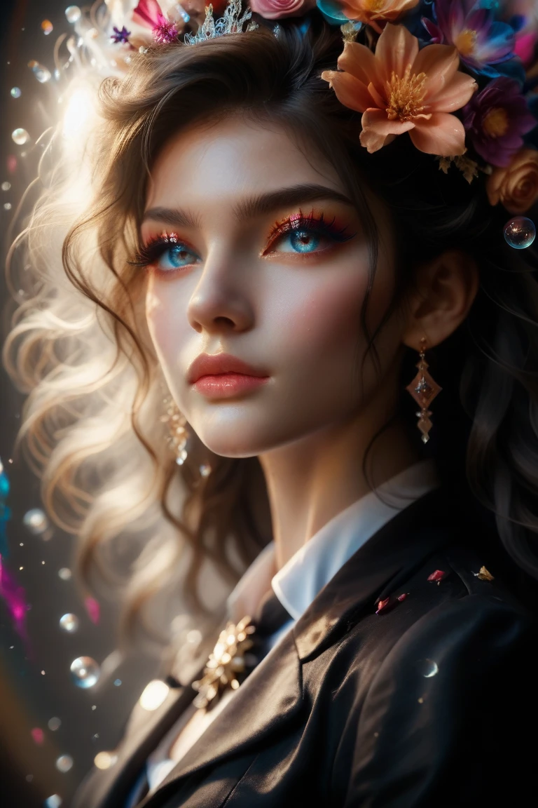 (masterpiece), (Best quality), (Ultra detailed),(wild hair),(illustration), (1 person), standing, Model, I look at the viewer, (interview), (detailed background),beautiful detailed eyes, Delicate beautiful face, floating,(high saturation),(colorful splashes),colorful bubble,(brilliant), Focus on the face, floating flowers, floating hair, (brilliant), Better lighting, best shadow, 1 Only bad