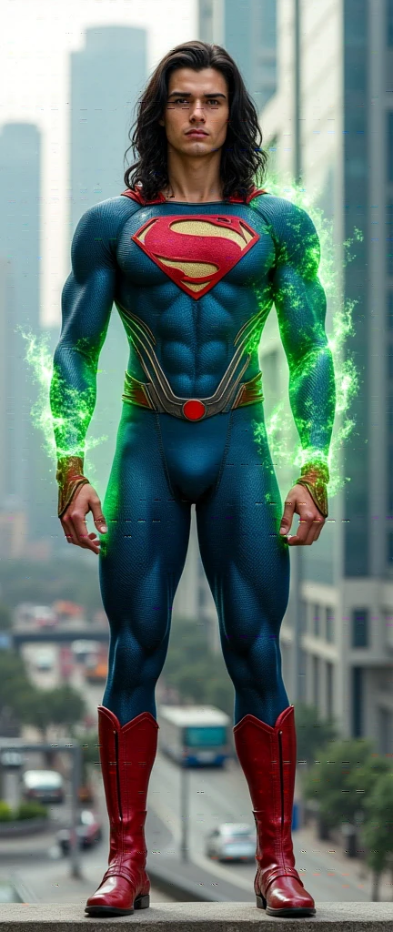 Full body photorealistic handsome hunky young slender futuristic young Superman with black long hair wearing a blue and red micro scale textured costume red detailed on the costume and red  gloves and boots, and wristbands that  manipulate brain energy , his body is covered with green bursting energy,, green eyes. future city as the background 