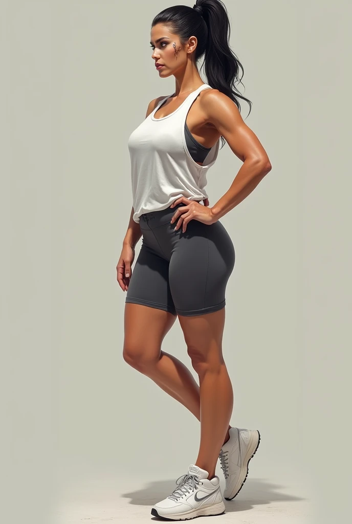 Full body shot of a beautiful brunette female with a curvy body and large breasts, wearing a tight tank top and short volleyball shorts, wearing high heel shoes, on a yoga mat doing a sun salutation pose