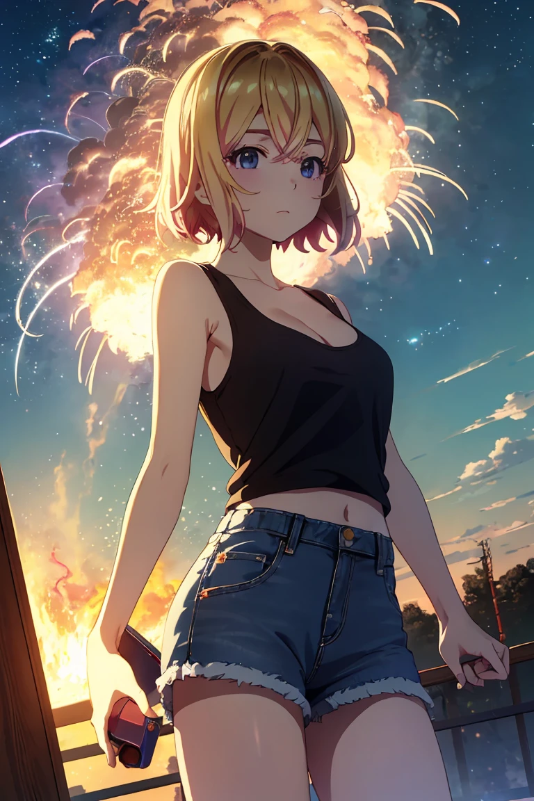 masterpiece, Highest quality anime illustrations, Super detailed,ultra high resolution、perfect lighting single girls, alone, Blonde、medium hair, anime , view at viewer, cleavage、 show me your butt 、 black tank top seen above、sexy short denim skirt、Black panties、panties pull、at night、 fence、Explosion and Flames 、 Explosion Military Base in Flames、Building on fire