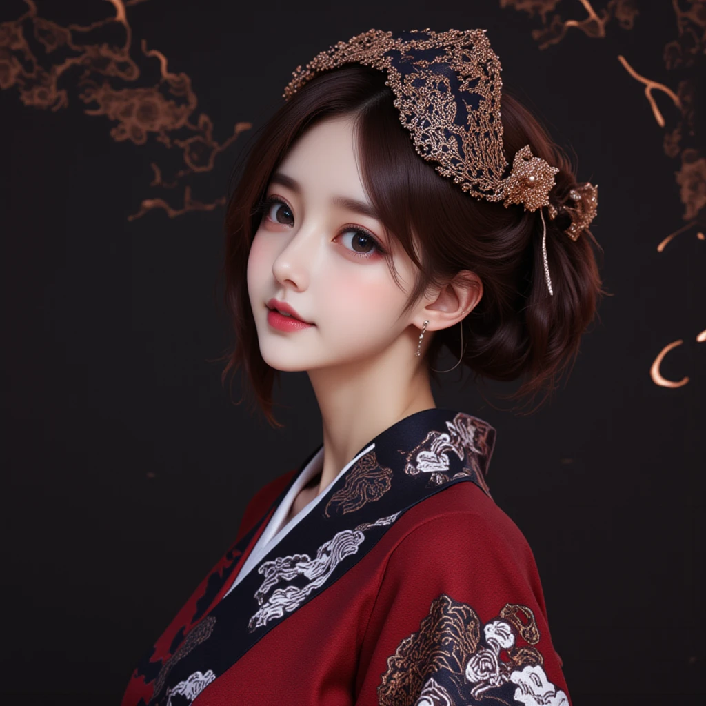 A stunning portrait of a beautiful japanese woman.half body-shot,She wears a wine red kimno-like dress with black and white cloud patterns and on it and a transparent dark-blue silk-veil that has vivid and intricate golden Gothic embroidery, pulled deeply over her head a blue silk- veil her head and forhead. background : black serene simple-wall with artistic japanese patter and light-effects on it.

she is gently smiling with tilted head.