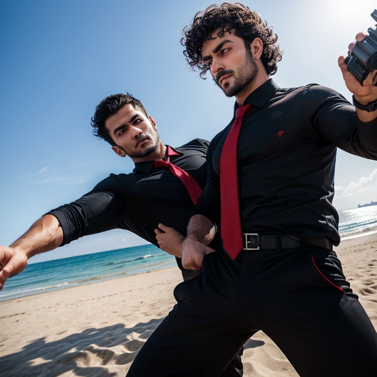 Age 33, 2 guys,、 muscular、Turkish handsome men。 black shirt ,Red tie、black slim pants、 short perm hair　sea、On the beach、In combat、Menacing look　 black shirt、Red tie、black slim pants　View from below　 legs　handgun gear 、 cool battle pose 　 upper body lift with an emphasis on facial expression