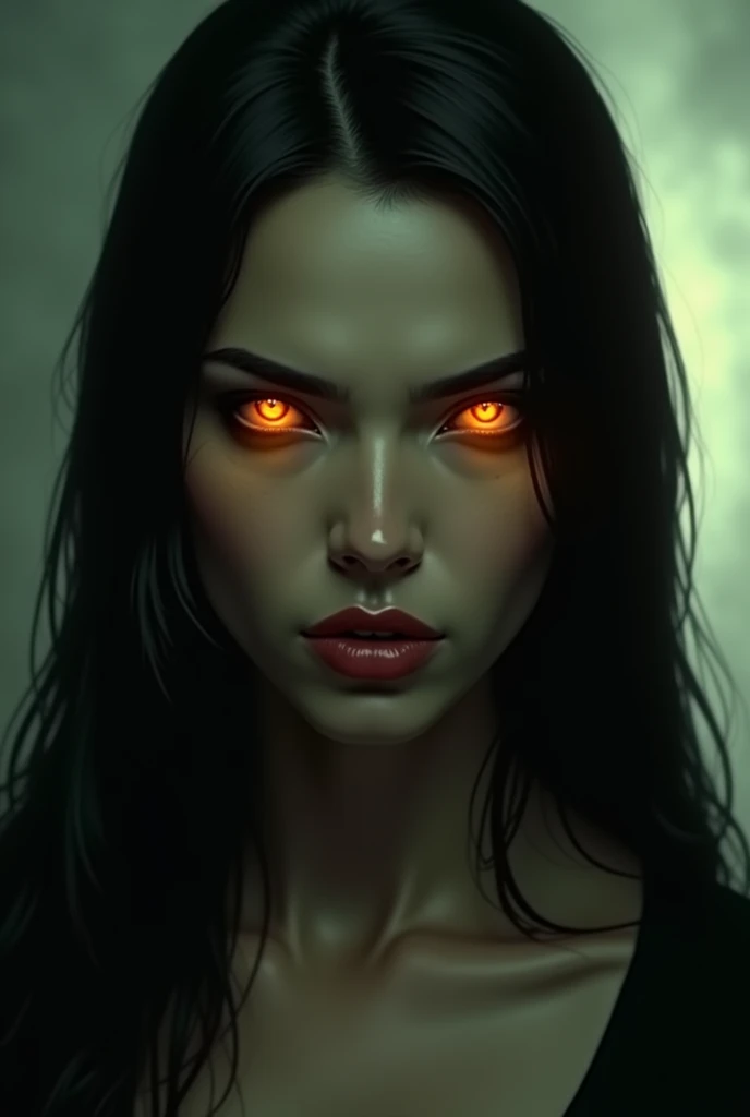 A woman with red skin, Latin features, long black hair with a streak of pure gold and long phosphorescent green almond eyes with black sclerptic in a realistic dark fantasy style, marked cheekbones.
