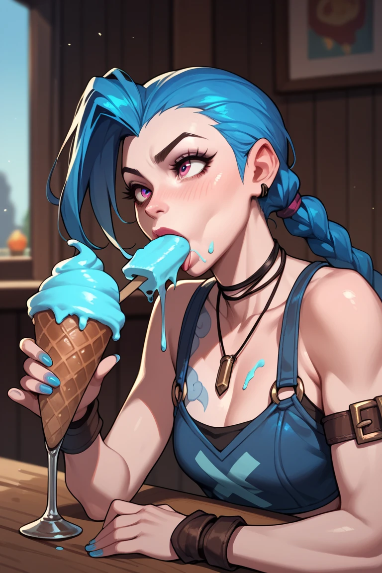 score_9, score_8_up, score_7_up, score_6_up, score_5_up, score_4_up,  create me an image of jinx from league of legends eating blue ice cream