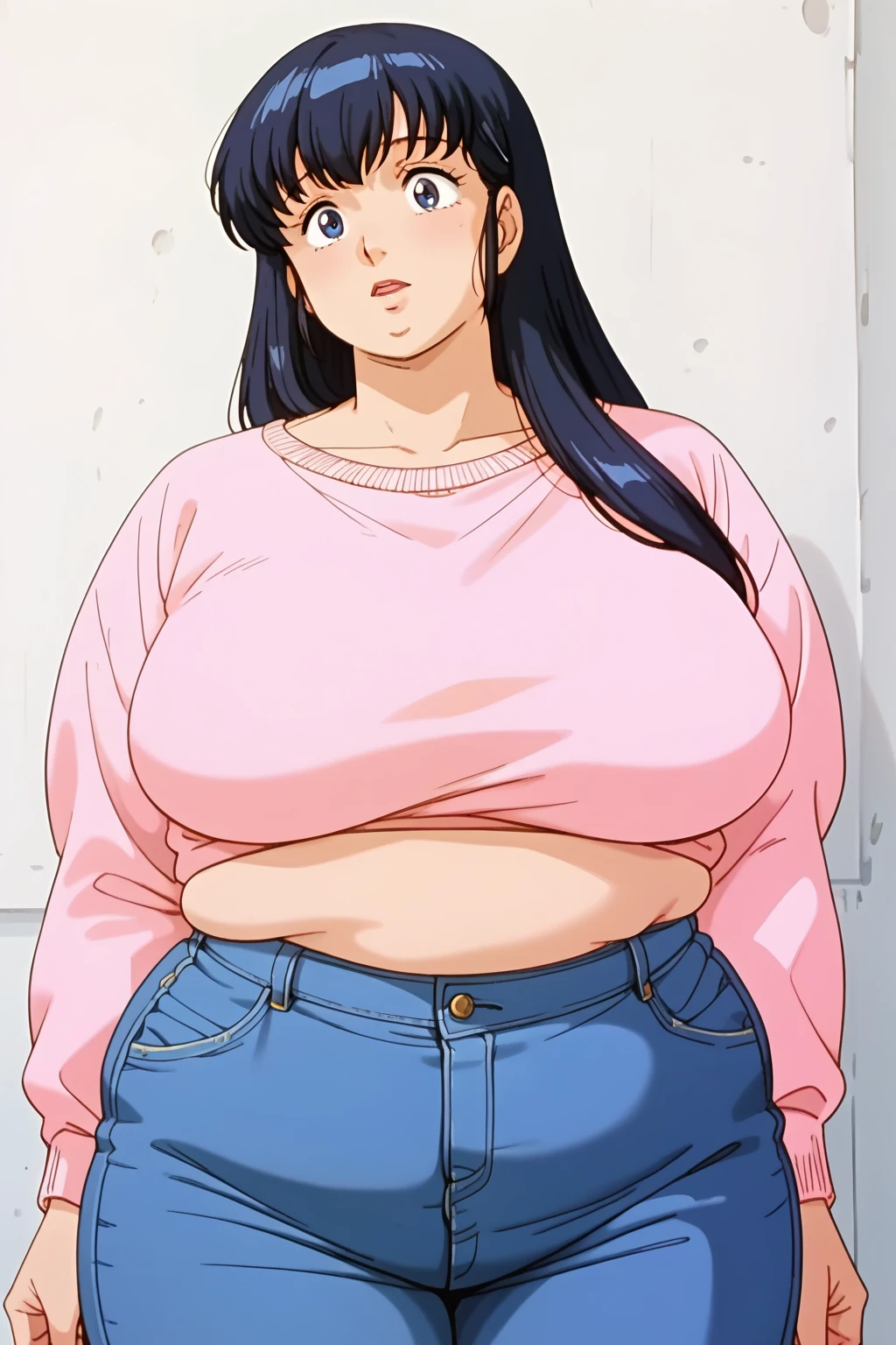 Kyoko Otonashi, Otonashi Kyoko,  long hair,紺色の髪,  pink sweater, white shirt,Navy blue jeans,  mature woman, score_9,   score_8_up,   score_7_up,   score_6_up,   score_5_up,   score_4_up,     masterpiece   ,   top quality,     very aesthetic ,    absurd,    source_Anime, Anime screencap,    one woman , Alone,   personal   ,  Super huge breasts, (((Super huge クレビス, Super huge , Super huge boob))), Curvy,   chubby ,  Mature Woman,   obese body type, ,  troubled expression,  