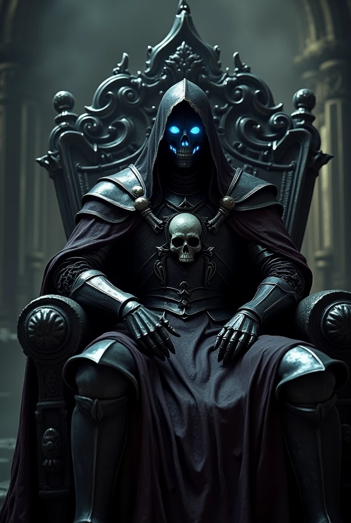 a gothic knight in black armor, mask in the form of a skull, on the head is a hood with a black crown and glowing blue eyes, dark burgundy cape, sits on the throne, intricate gothic details, dramatic lighting, moody atmosphere, cinematic composition, highly detailed, dark fantasy, photorealistic, 8k, (best quality,4k,8k,highres,masterpiece:1.2),ultra-detailed,(realistic,photorealistic,photo-realistic:1.37)